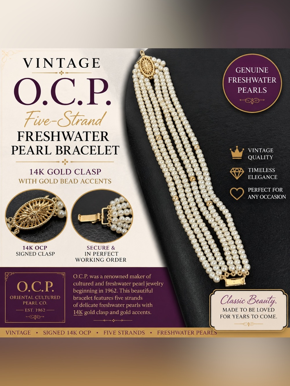 Vintage Five-Strand Pearl Bracelet in White with 14K Gold Clasp 7.25” (J-0001)